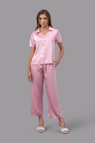 Bộ pijama dài nữ Vera satin trơn tay ngắn - V0762
