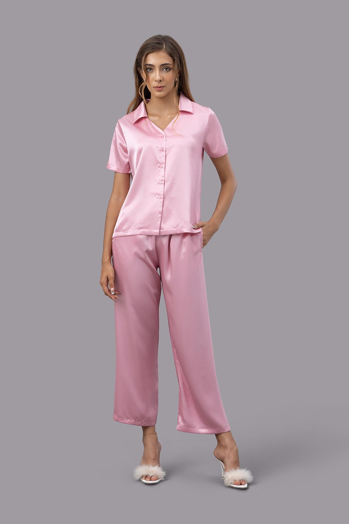 Bộ pijama dài nữ Vera satin trơn tay ngắn - V0762