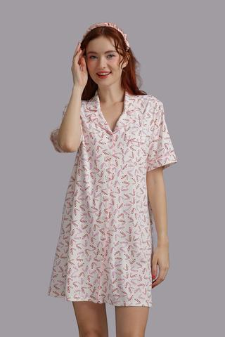 Đầm pijama Wow by NDLanNgoc cotton viscose - N0002Trắng in đỏ