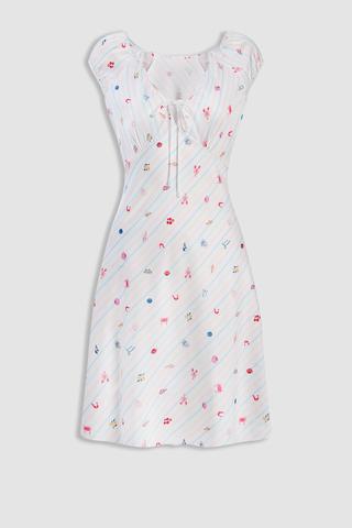 Đầm ngắn nữ Vera satin in tay con - V0805Trắng in