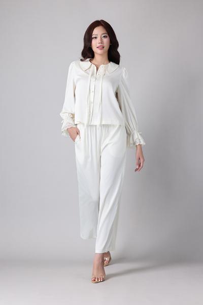 Bộ pijama dài Vera by Chipu satin trơn phối ren - C0052