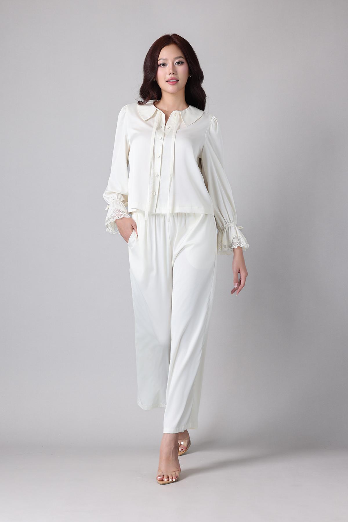 Bộ pijama dài Vera by Chipu satin trơn phối ren - C0052