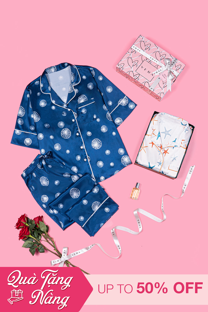 Hộp quà 8/3 - combo bộ pijama dài và bộ pijama short Satin in VERA