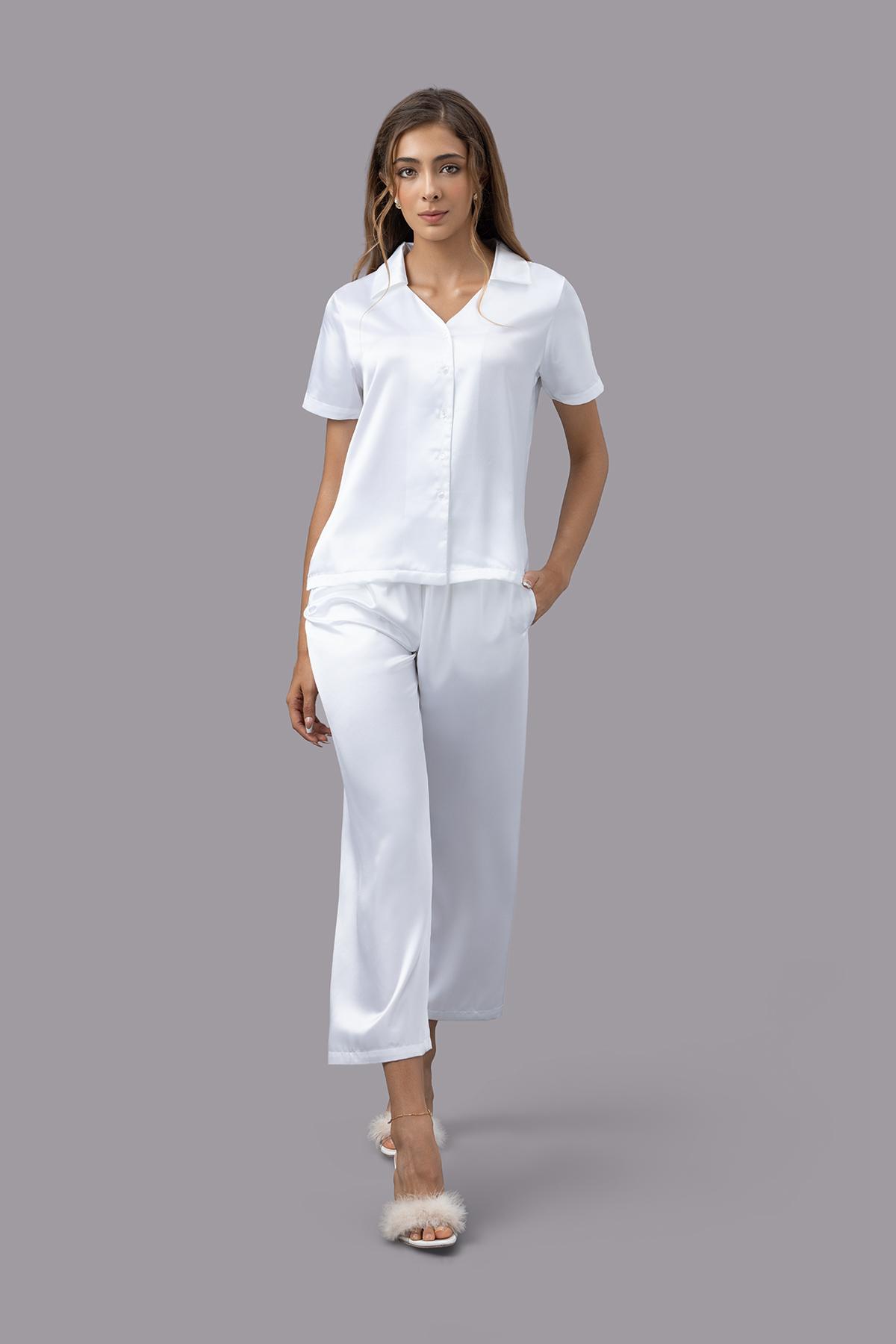 Bộ pijama dài nữ Vera satin trơn tay ngắn - V0762