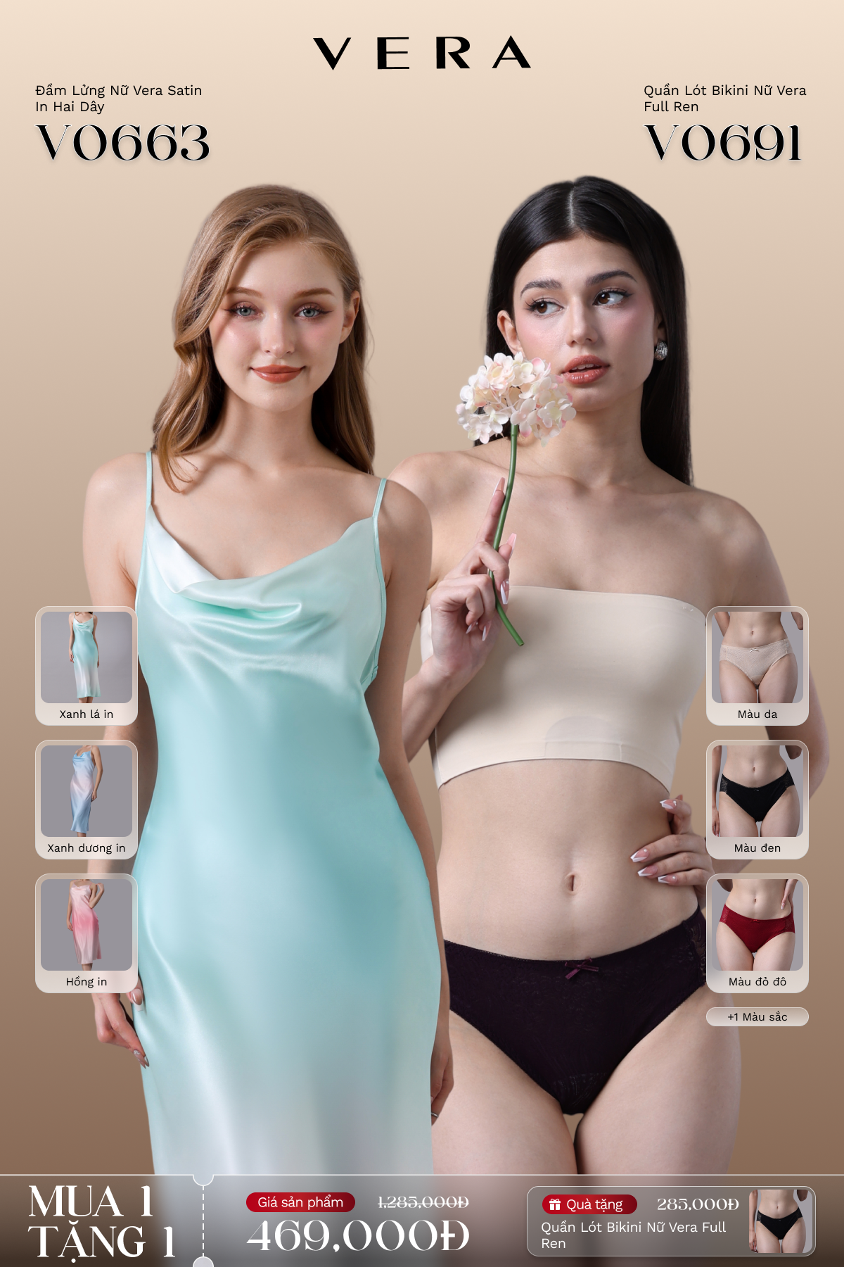 Combo đầm lửng nữ vera sattin trơn hai dây
