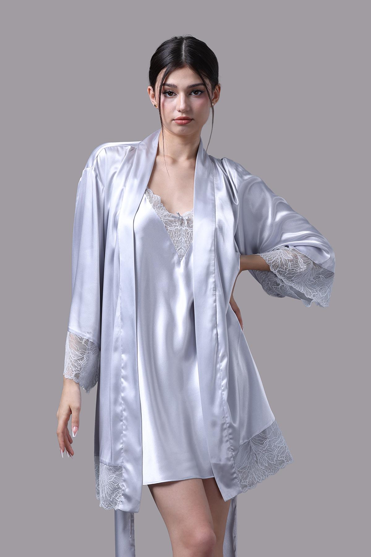 Áo khoác kimono nữ Vera satin phối ren - V0672