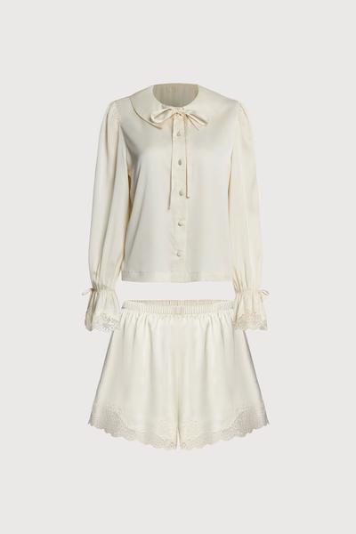 Bộ pijama ngắn Vera by Chipu satin trơn phối ren - C0049
