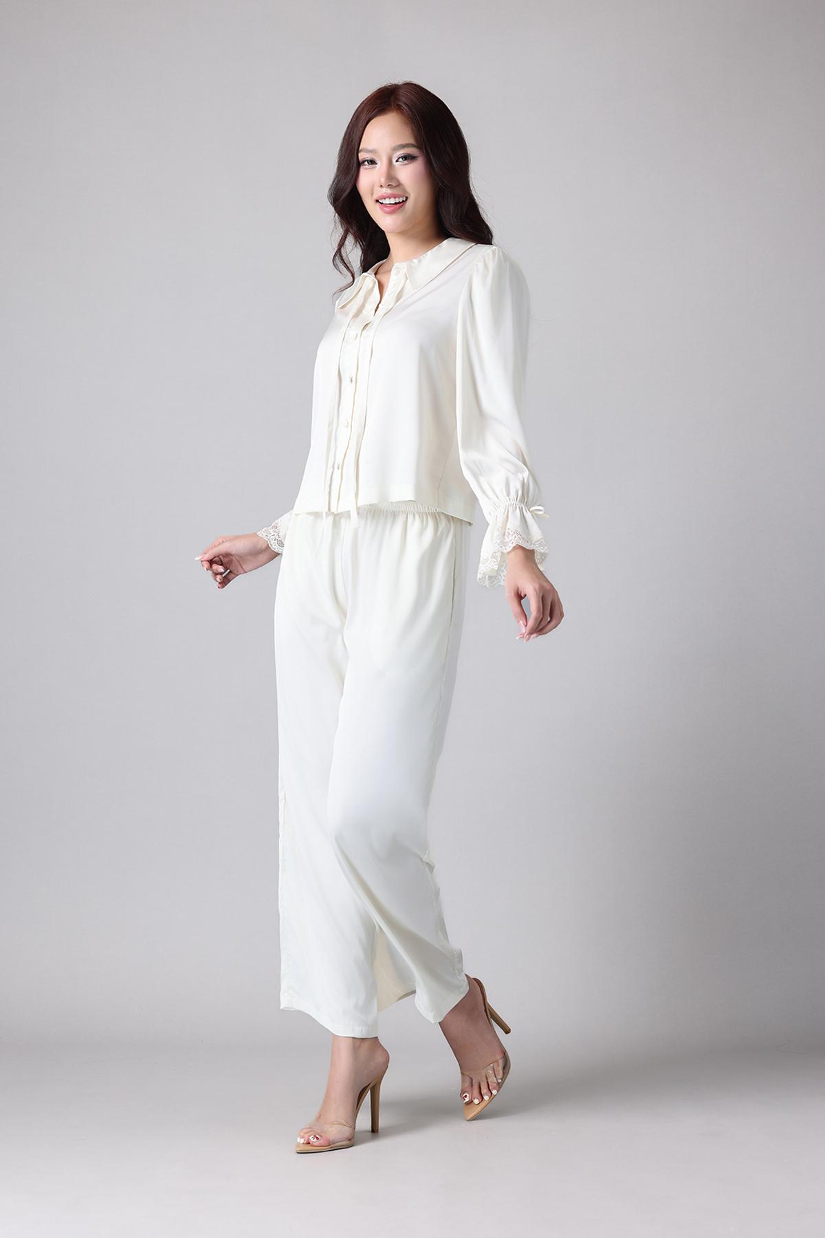 Bộ pijama dài Vera by Chipu satin trơn phối ren - C0052