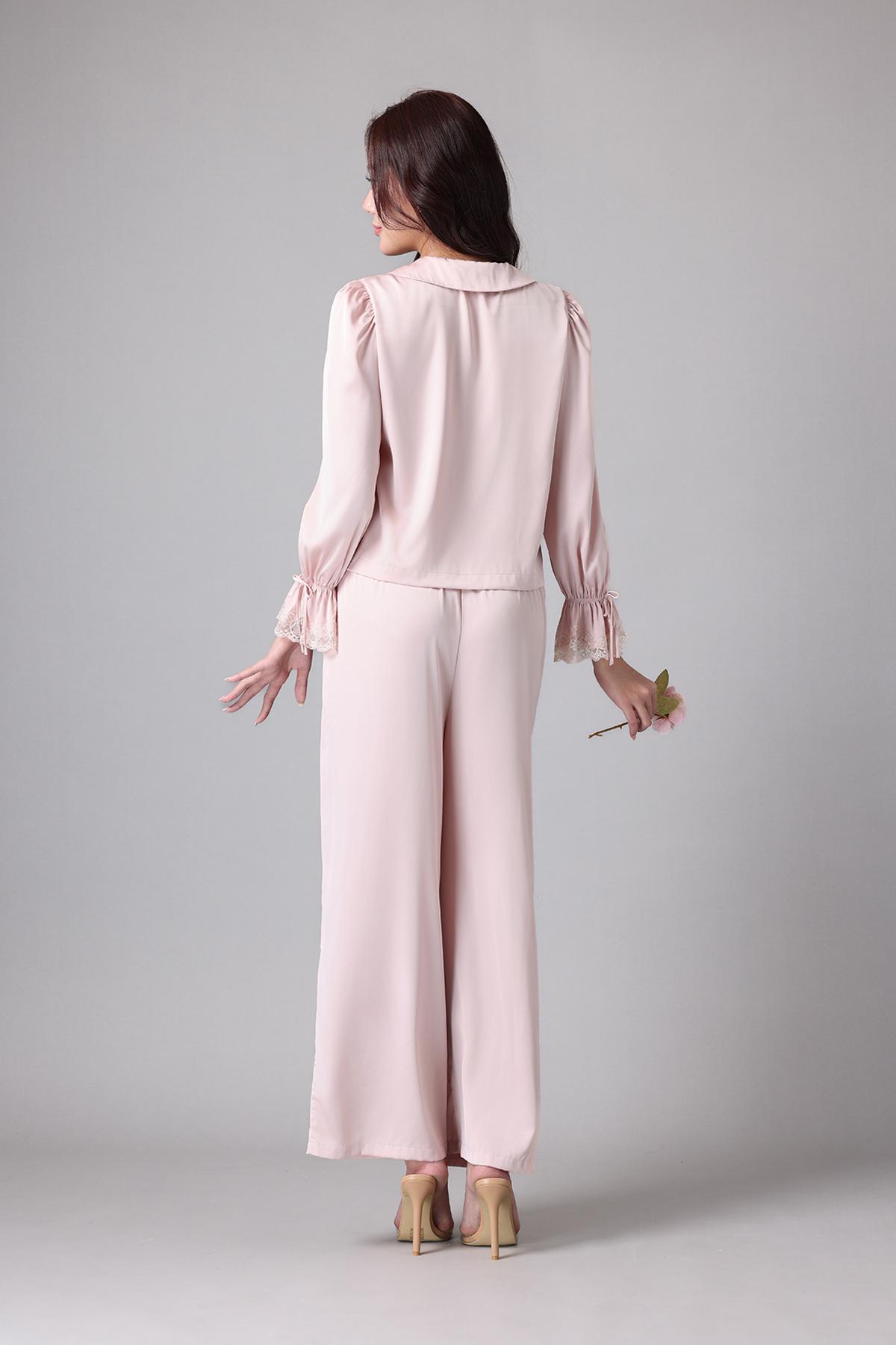 Bộ pijama dài Vera by Chipu satin trơn phối ren - C0052
