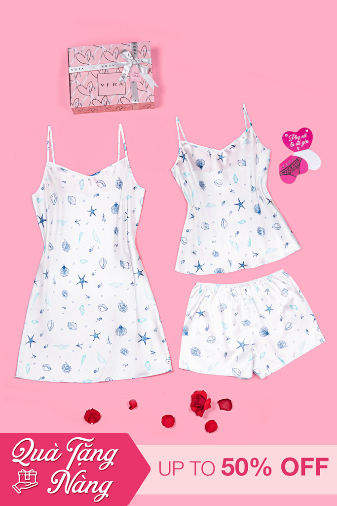 Hộp quà 8/3 - combo váy ngủ và bộ short Satin in VERA