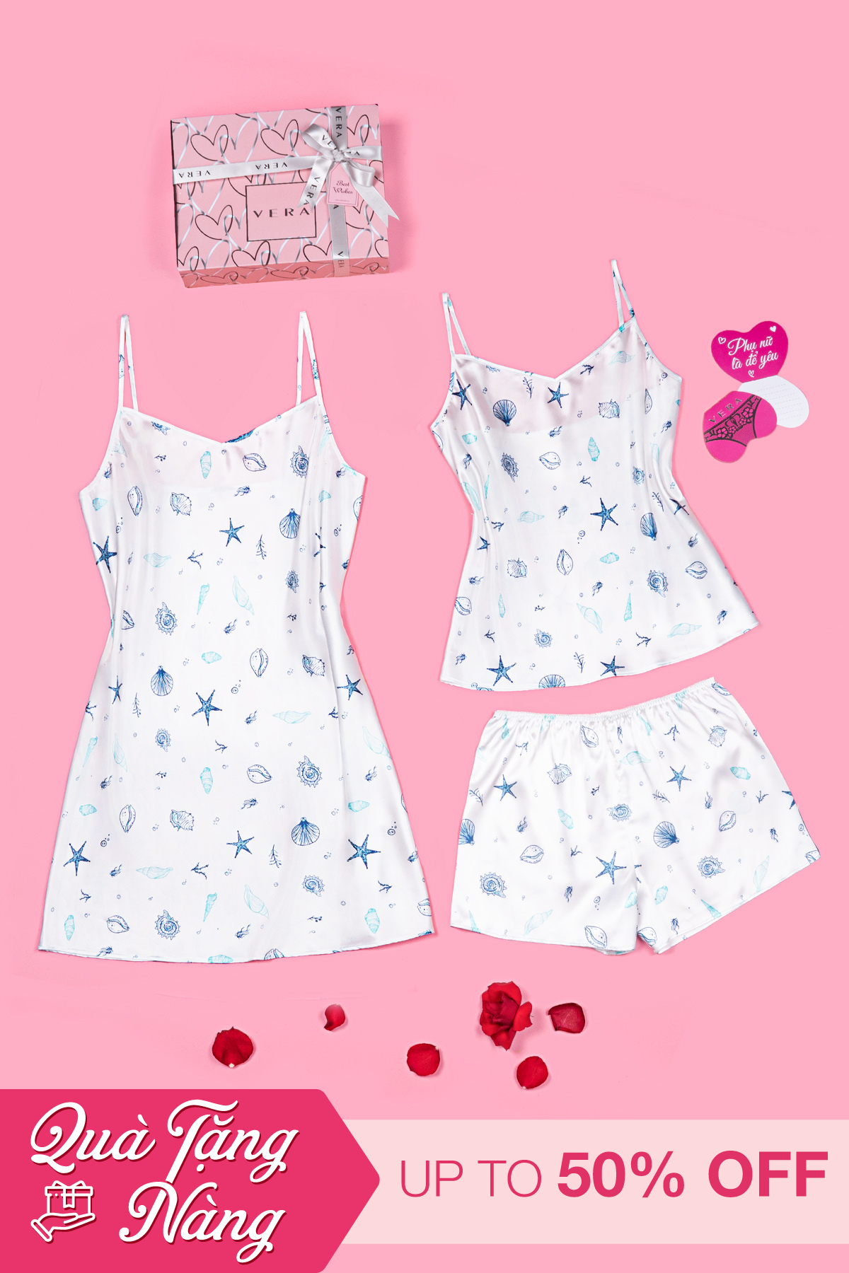 Hộp quà 8/3 - combo váy ngủ và bộ short Satin in VERA