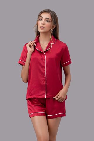 Bộ pijama ngắn nữ Vera satin trơn tay ngắn - V0760Đỏ Đô