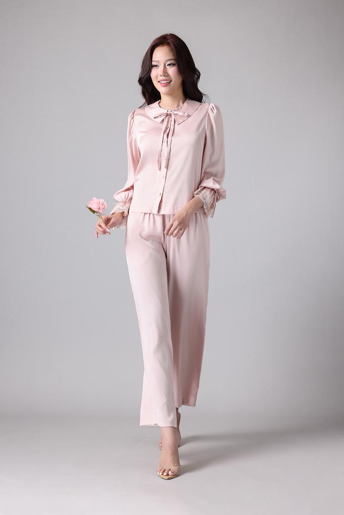Bộ pijama dài Vera by Chipu satin trơn phối ren - C0052