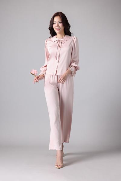 Bộ pijama dài Vera by Chipu satin trơn phối ren - C0052