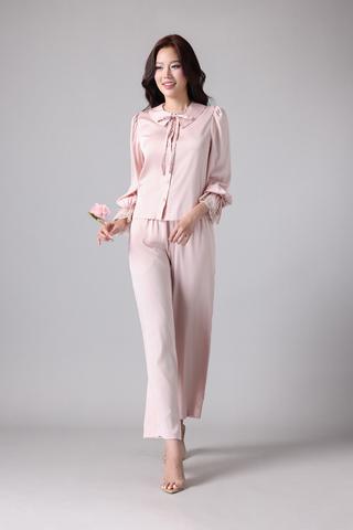 Bộ pijama dài Vera by Chipu satin trơn phối ren - C0052Da hồng