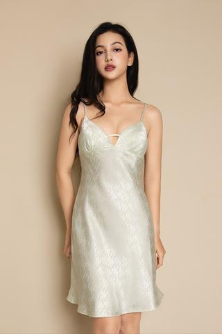 Đầm ngắn Vera satin Jacquard hai dây - V0780Xanh mint
