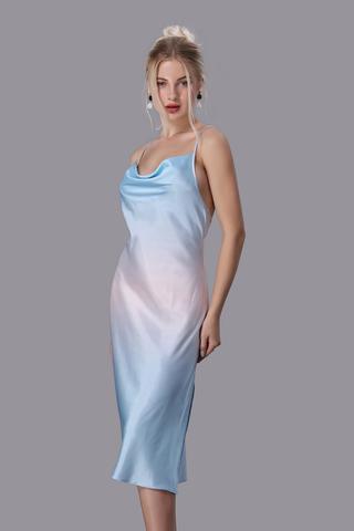 Đầm lửng nữ Vera satin in hai dây - V0663Xanh dương in