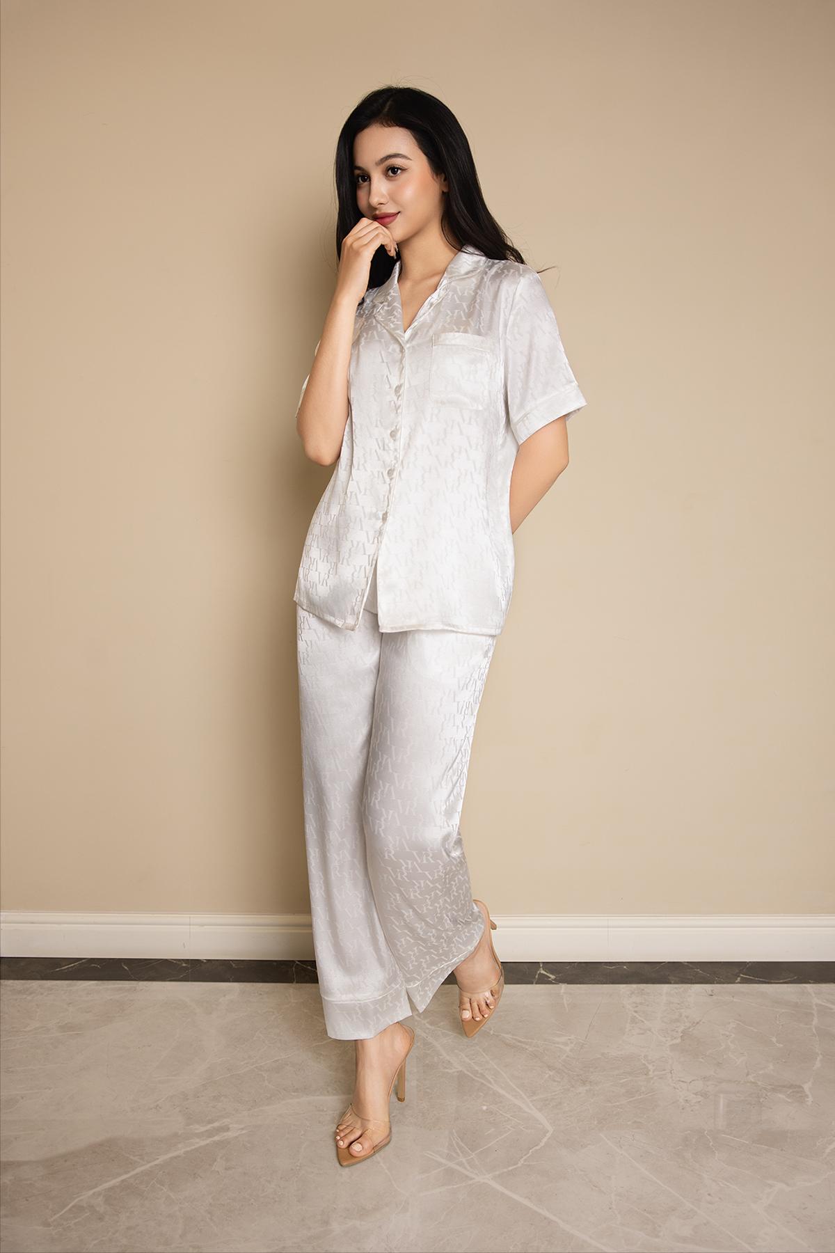 Bộ pijama dài Vera satin Jacquard tay ngắn - V0783