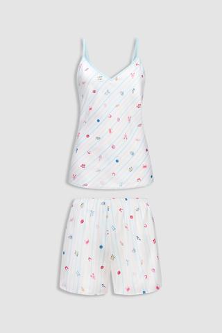 Bộ short nữ Vera satin in hai dây - V0804Trắng in