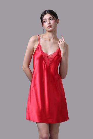 Đầm ngắn nữ Vera satin trơn phối ren - V0668Đỏ