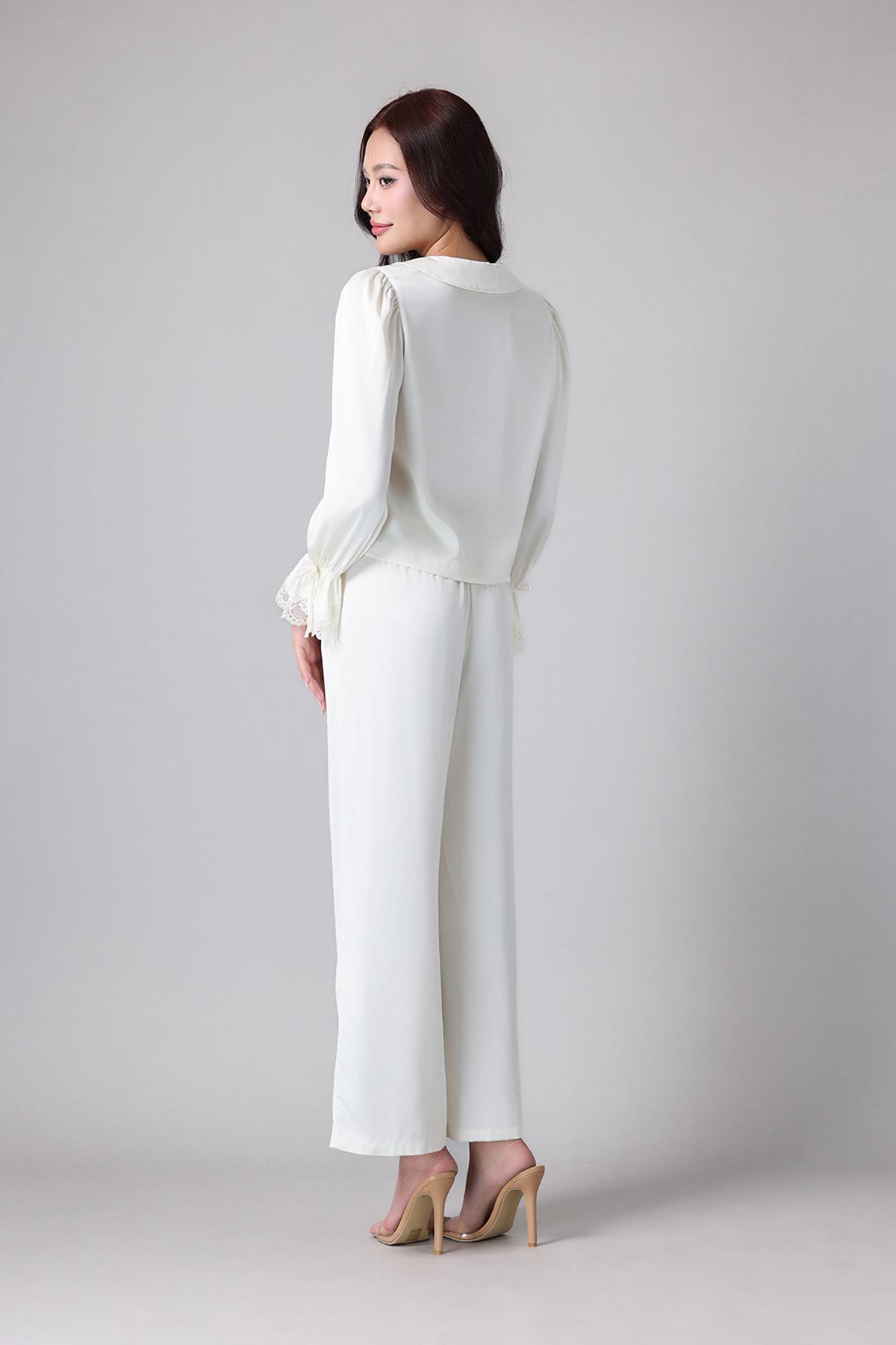 Bộ pijama dài Vera by Chipu satin trơn phối ren - C0052