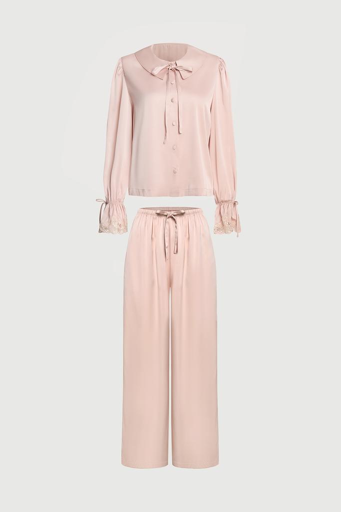 Bộ pijama dài Vera by Chipu satin trơn phối ren - C0052