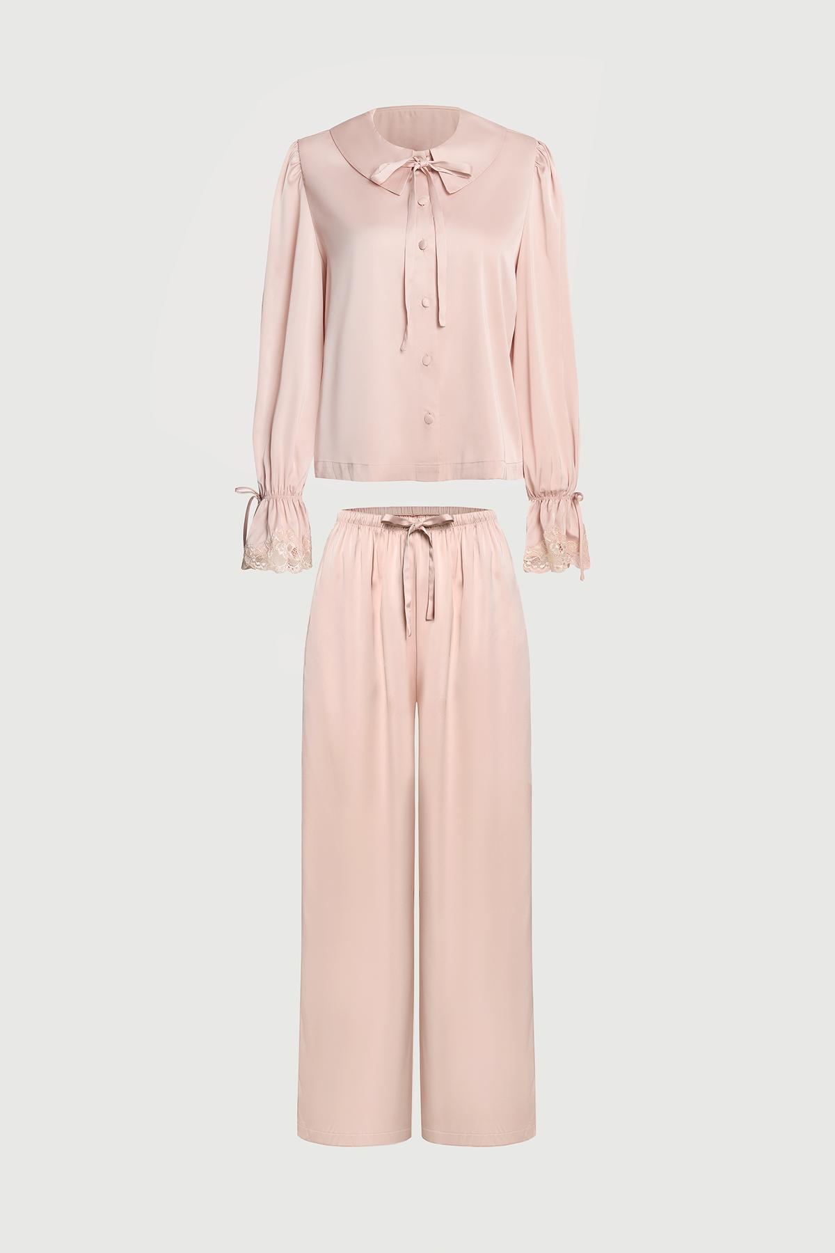 Bộ pijama dài Vera by Chipu satin trơn phối ren - C0052