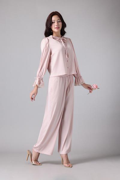 Bộ pijama dài Vera by Chipu satin trơn phối ren - C0052