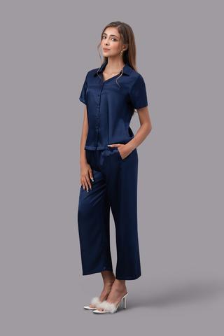 Bộ pijama dài nữ Vera satin trơn tay ngắn - V0762Xanh đen