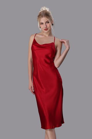 Đầm lửng nữ Vera satin trơn hai dây - V0678Đỏ