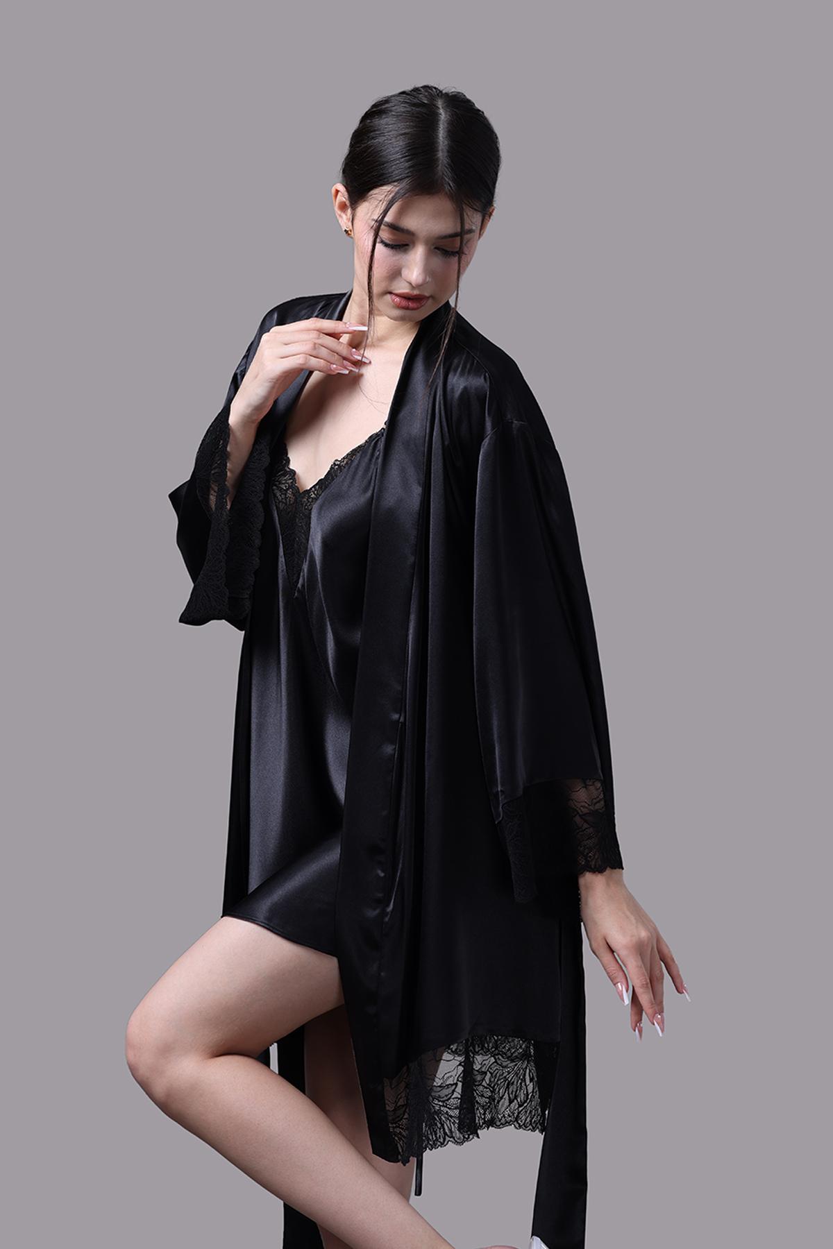 Áo khoác kimono nữ Vera satin phối ren - V0672