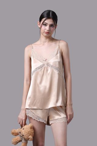 Bộ short nữ Vera satin trơn phối ren - V0669Vàng đồng