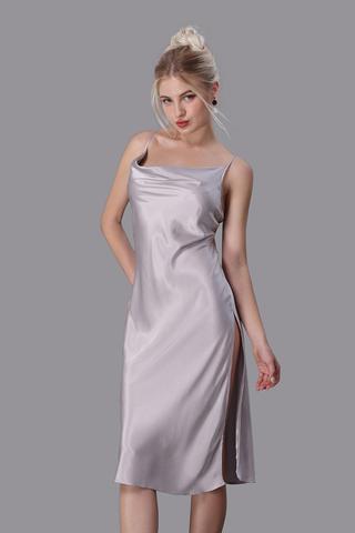 Đầm lửng nữ Vera satin trơn hai dây - V0678Xám