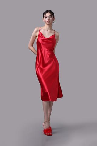 Đầm lửng nữ Vera satin trơn phối ren - V0671Đỏ