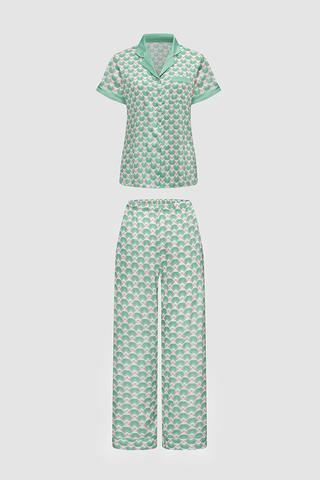 Bộ pijama dài nữ Vera satin in tay ngắn - V0767Xanh in