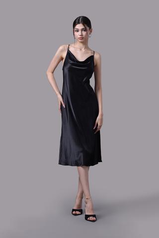 Đầm lửng nữ Vera satin trơn phối ren - V0671Đen