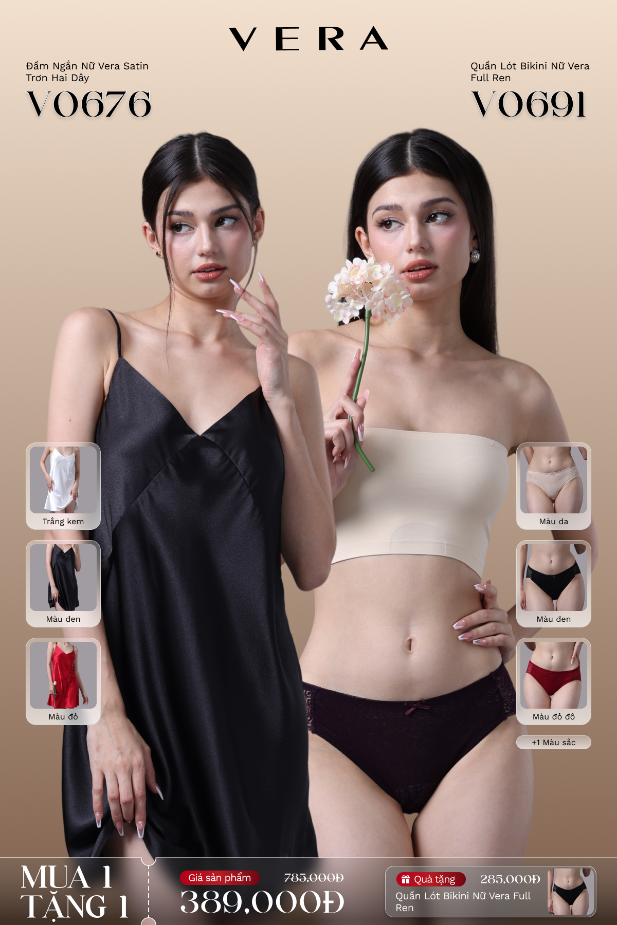 Combo đầm ngắn nữ vera satin trơn hai dây