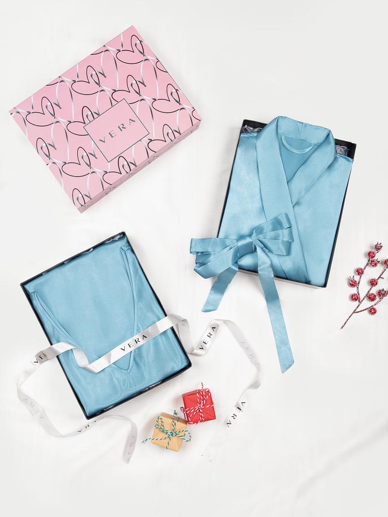 Hộp quà Holiday - đầm ngủ tổng hợp lụa Satin cộc tay dáng lửng và kimono sang trọng VERA