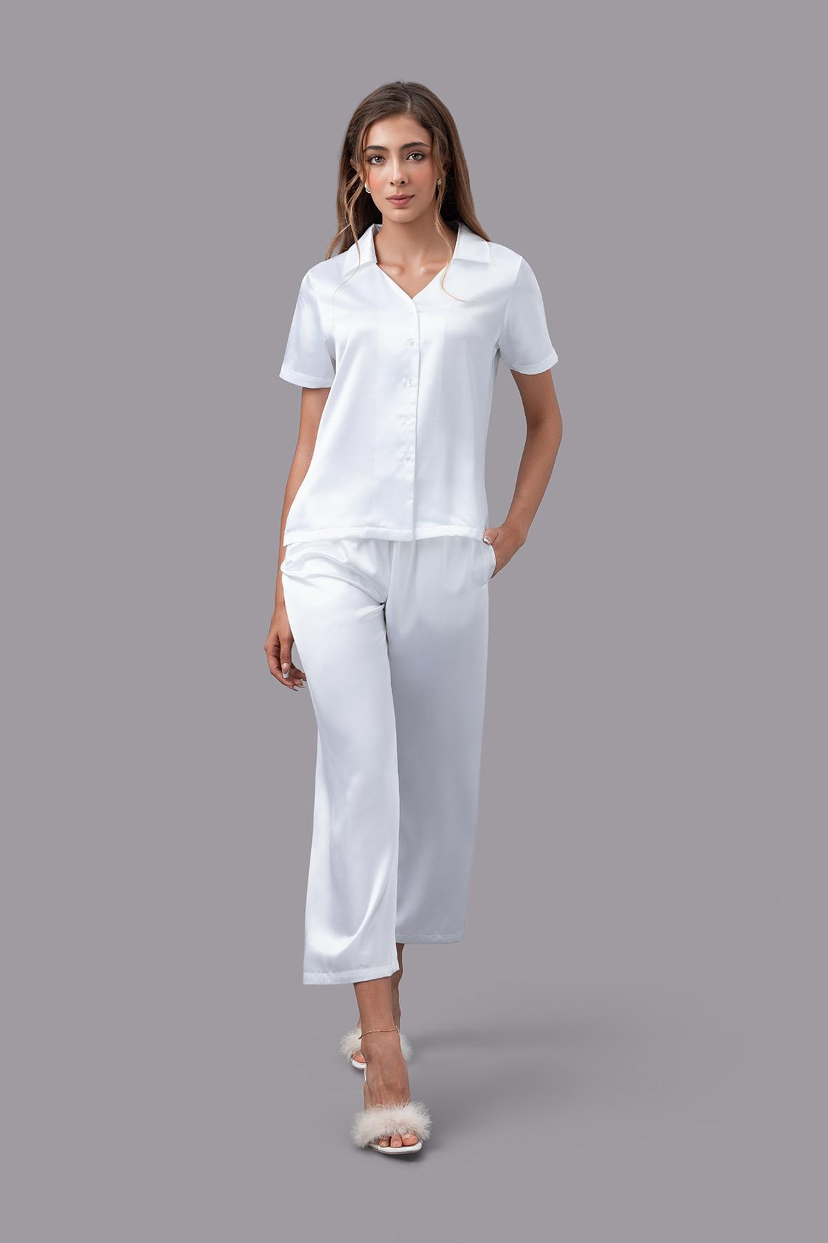 Bộ pijama dài nữ Vera satin trơn tay ngắn - V0762