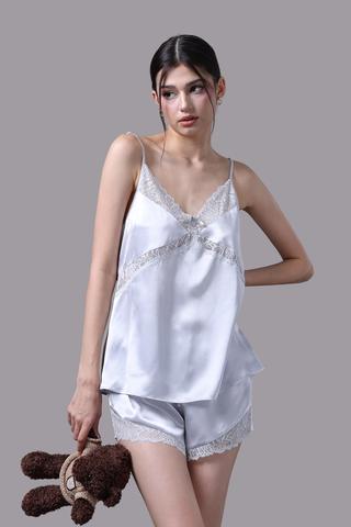 Bộ short nữ Vera satin trơn phối ren - V0669Xám